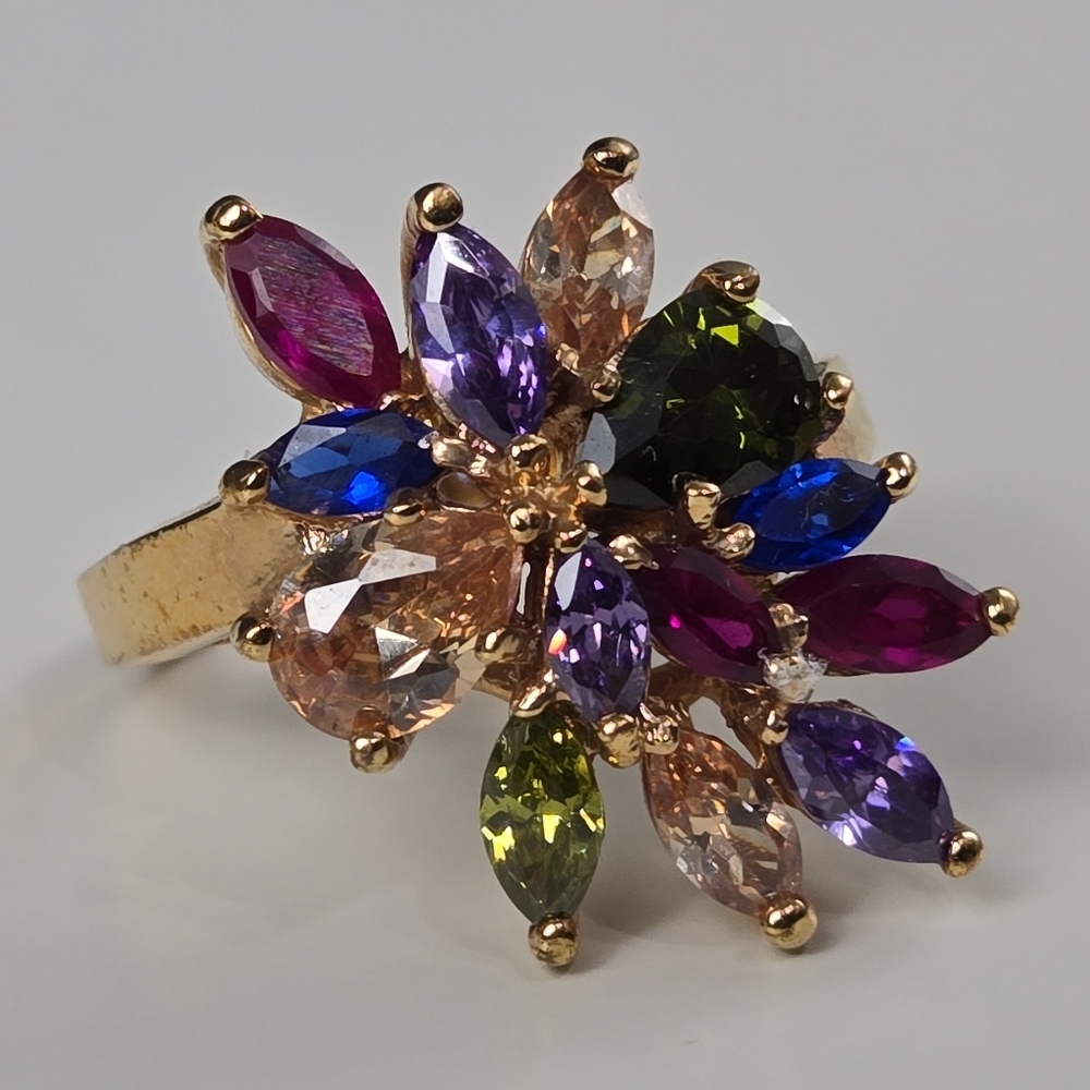 Goldplated Multicolor Crystal Gemstone Flower Rin… - image 6
